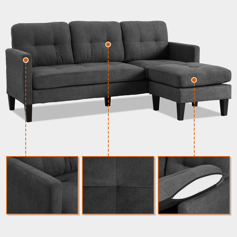 Canapé et chaise longue réversible avec repose-pieds Videlle, Velours gris