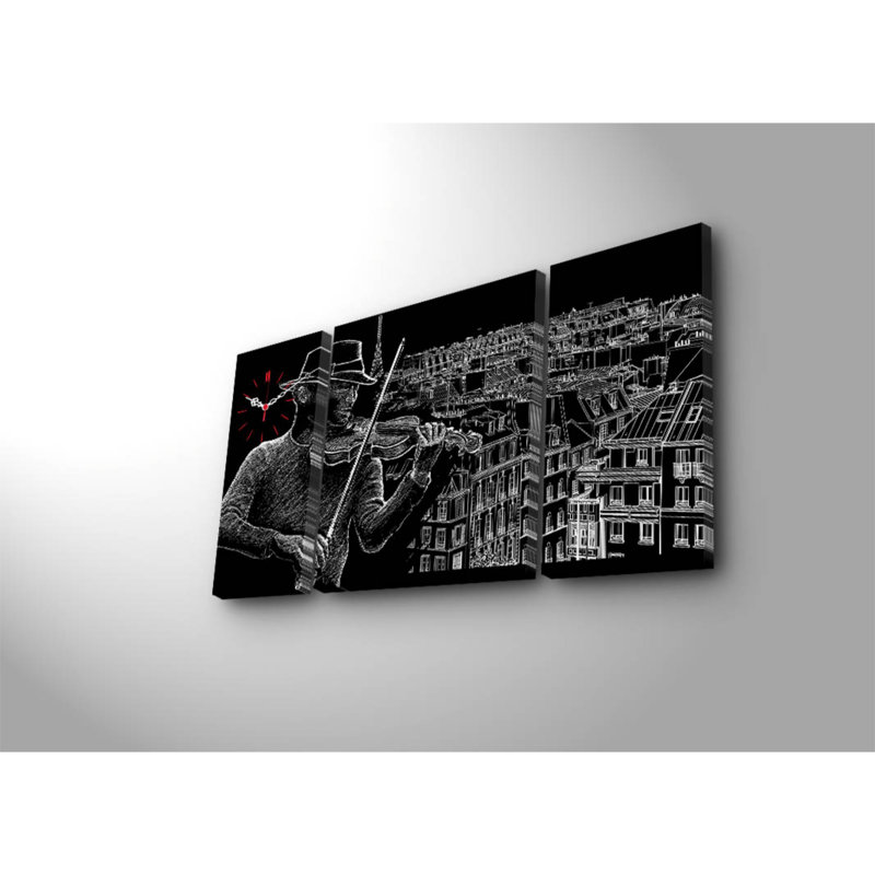 Horloge murale élégante en toile décorative (3 pièces), 33,5 po x 17,7 po | Toile 100% suède avec cadre 100% bois (épaisseur: 1,2 po) | Décoration élégante pour le salon et le bureau, design unique et horloge