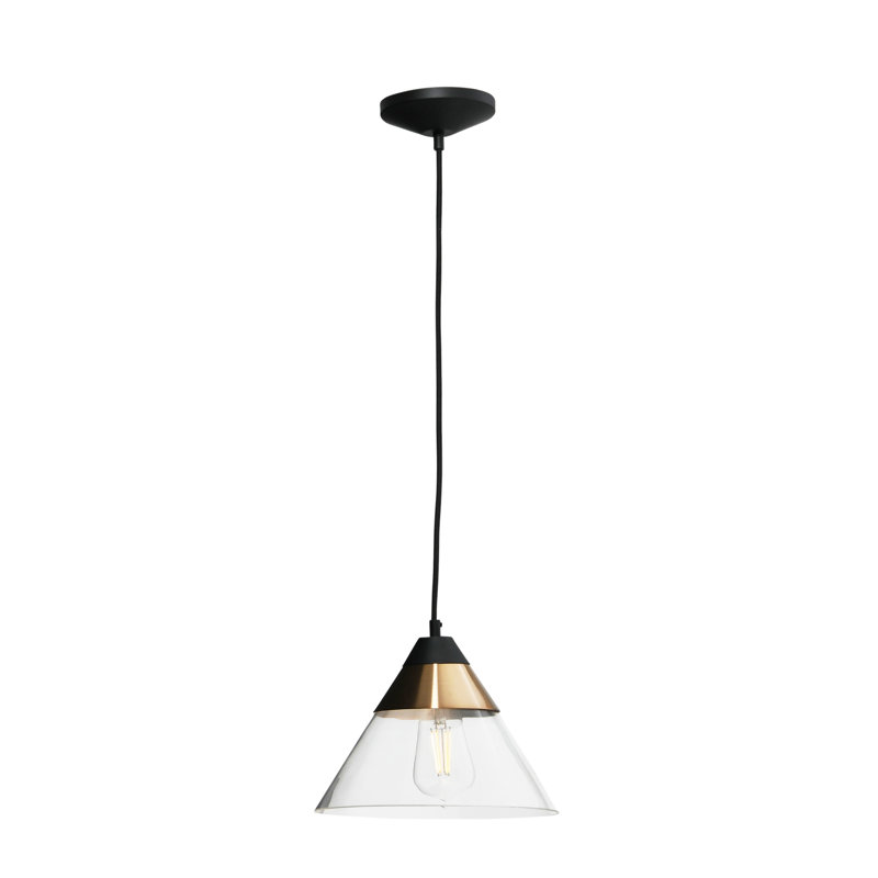 Luminaire suspendu conique à 1 lumière avec détails en verre Cvetank, Noir / Laiton