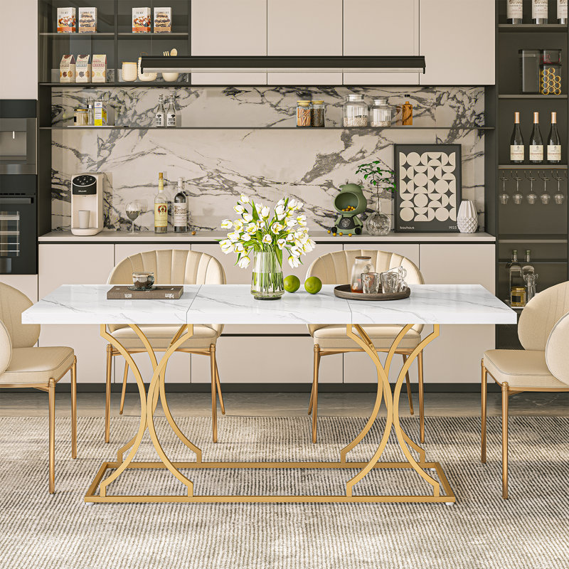 71 Inch Rectangular Dining , Modern White Kitchen Table Dining Room Table, Rectangle White Dinner Table With Gold Metel Frame.