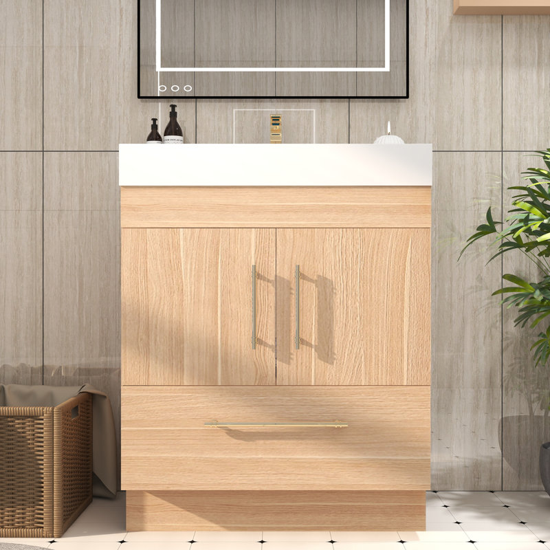 30'' Single Bathroom Vanity with Acrylic Top, Champagne Oak