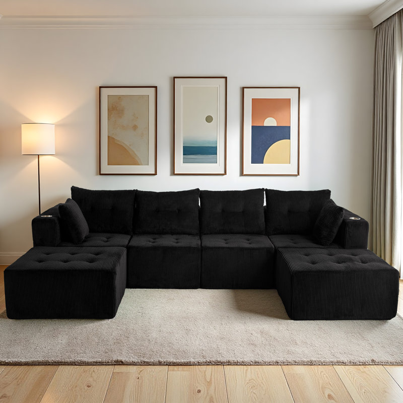 Fauteuil-lit en forme de U avec 2 tabourets Boneless, Velours côtelé noir