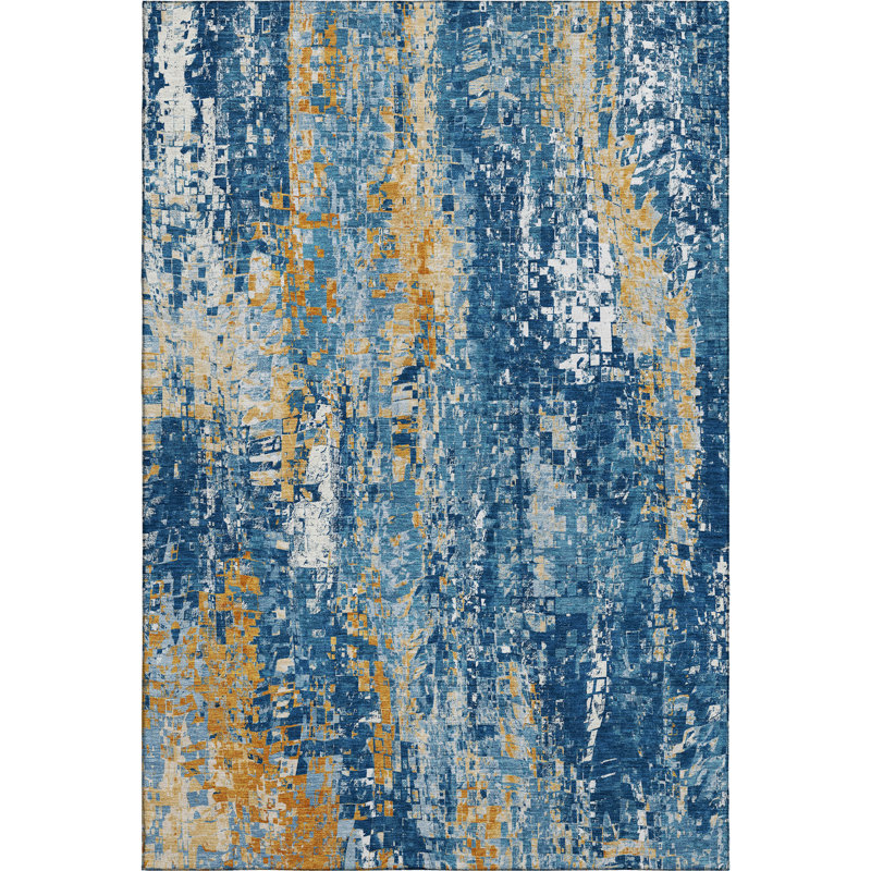 Premium Machine Washable Mayfield AMF2254 Abstract Rug, 3' x 5', Navy