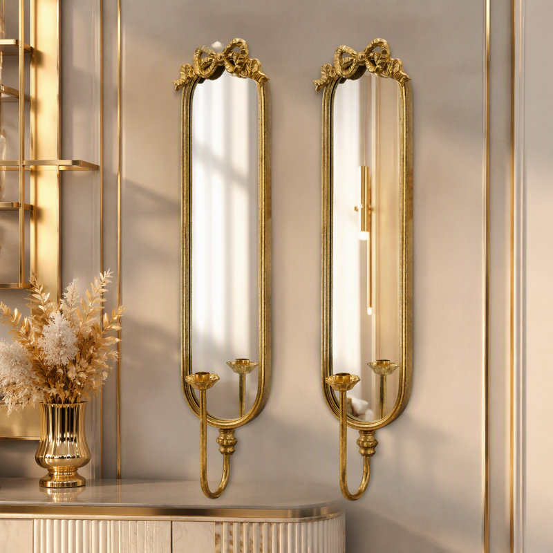 Ensemble de 2 appliques murales dorées à miroir avec porte-bougie décorative en fer