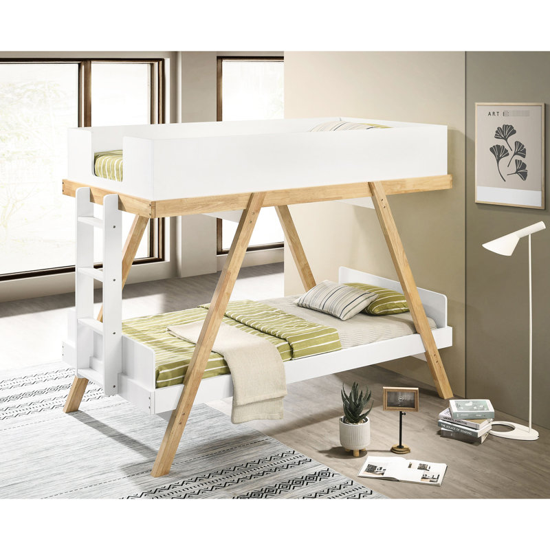 Lit simple superposé simple avec deux matelas, finition blanche impeccable, support en bois incliné, rails à panneaux complets, meubles de chambre à coucher en mousse de style Mid-Century de 7 pouces, supports de style tréteaux pour plus de stabilité, ajout moderne
