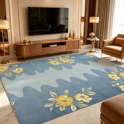 Tapis floral jaune et bleu de 1 pièce, élégant tapis décoratif polyvalent, facile à nettoyer et à entretenir, pièce de mobilier idéale pour la chambre à coucher, le salon, le couloir, le vestibule, le dortoir et le bureau afin de rafraîchir l'ambiance intérieure de votre maison