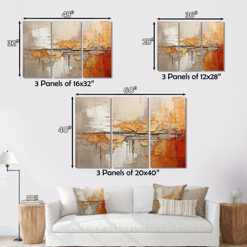 «Orange Impressions I» sur toile, reproduction de 3 pièces, H 28 po x l 36 po x P 1 po
