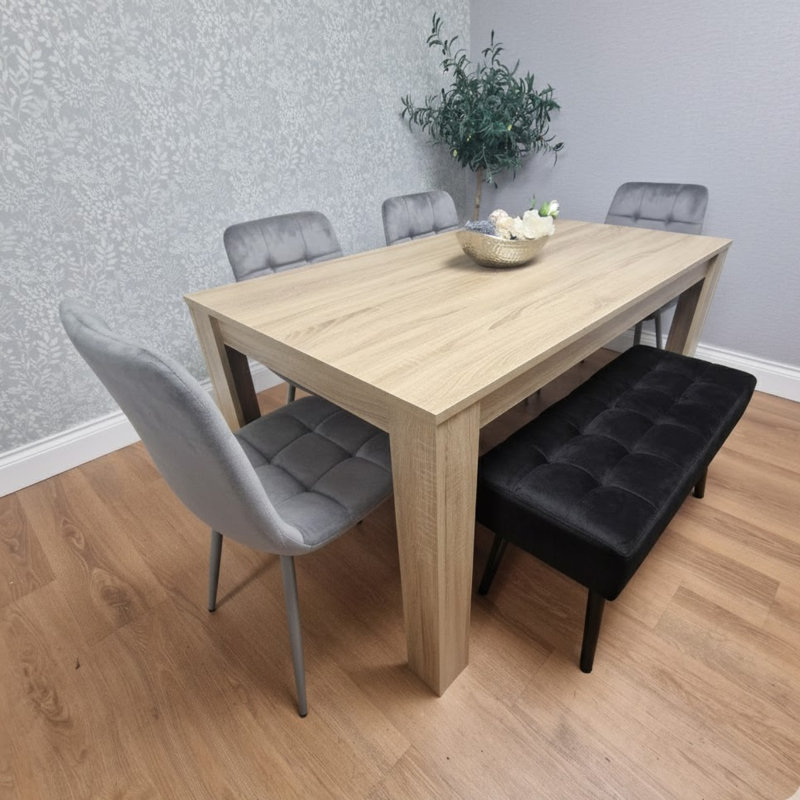 Dining Table and 4 Velvet Chairs With 1 Bench Dining Set Furniture, Oak, Grey, 75cm H x 117cm L x 77cm W