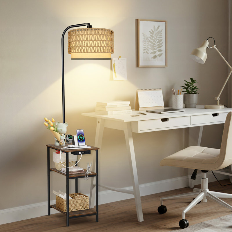 Floor Lamp With End Table And Remote Control Wicker Double Lampshade, Brown