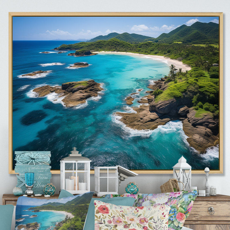 Virpi " Caraibe Paradise Found III ", 30" H x 40" W x 1.5" D, Natural Floater Framed