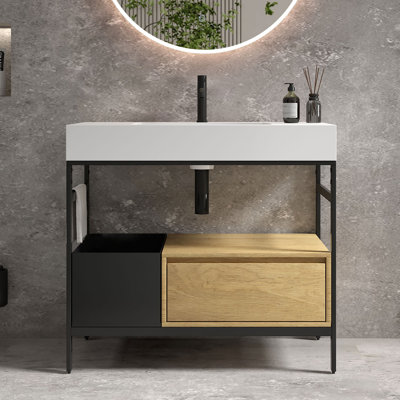 36" Bathroom Vanity with Sink, Metal Legs, Towel Rack, Drawer & Laundry Basket