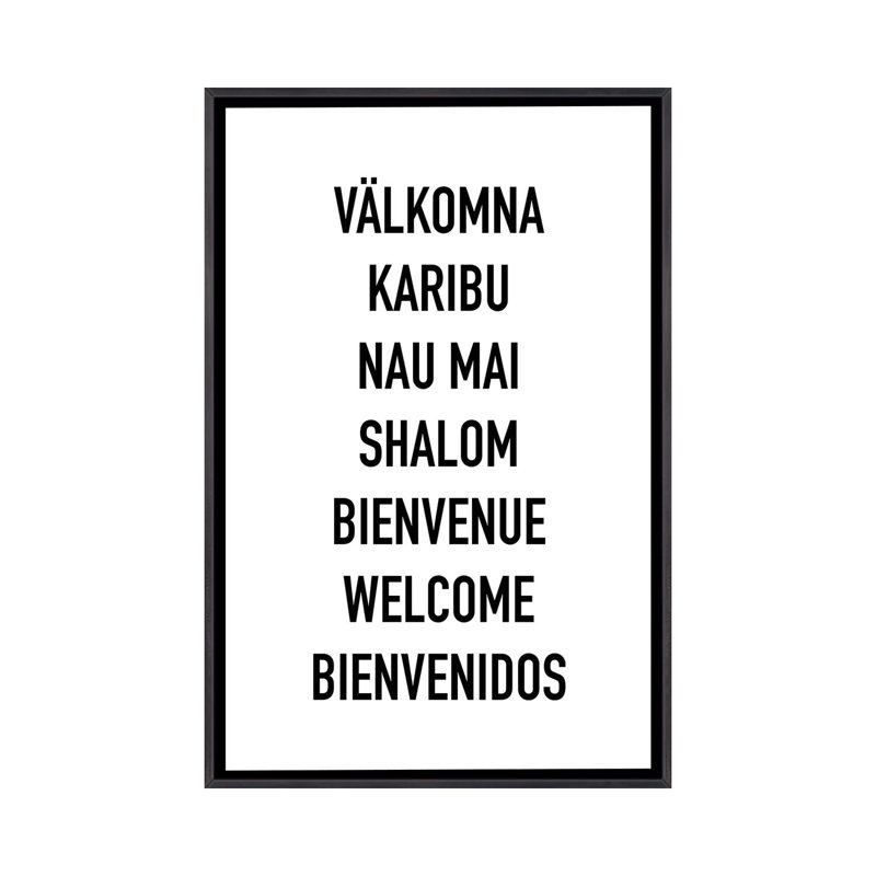 Welcome languages-impression d’art textuel, Pas de tapis, H 40 po x l 26 po x P 1,5 po, Toile avec cadre noir patiné