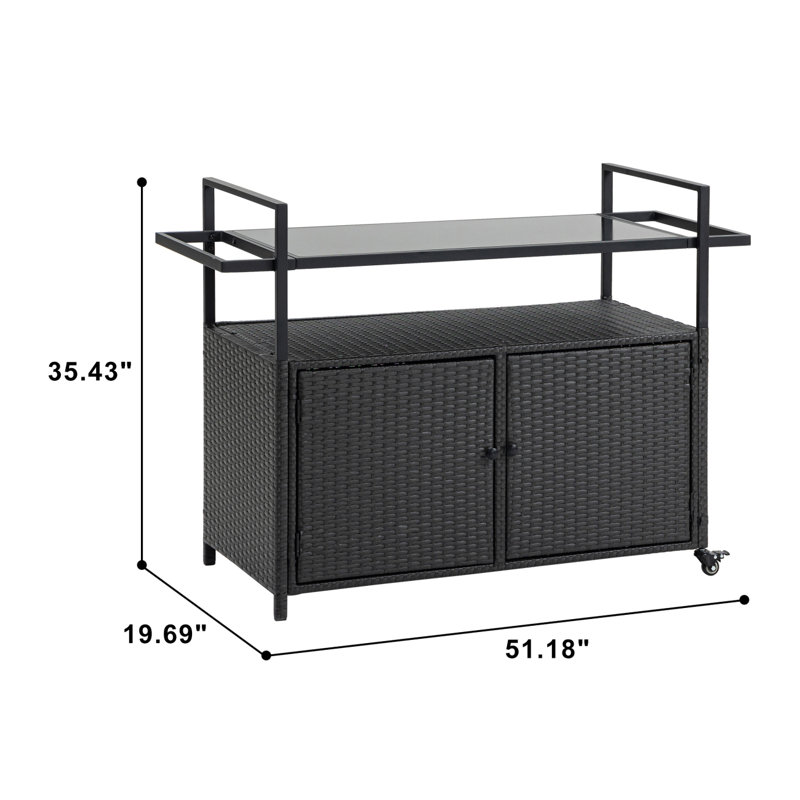 Outdoor Wicker Bar Cart, Patio Wine Serving Cart With Wheels, Rolling Rattan Beverage Bar Counter Table With Glass Top, Black