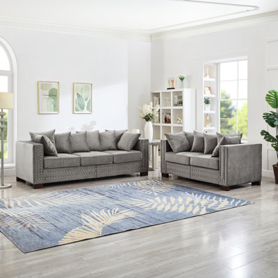 2+3 Seater Grey Modern Design Velvet Couch With Square Armrest Decorated By Silver Nails, Comfortable Spring - Pocketed Seats, Washable Covers, Storage Under Cushions, Assembly Needed 5 Seat And