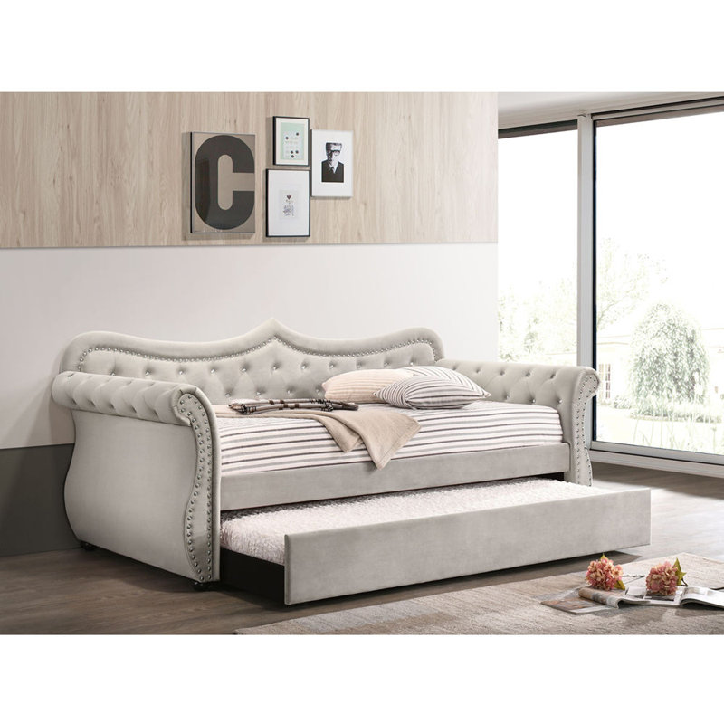 Lit de jour en lin Adkins avec lit gigogne (simple), Beige