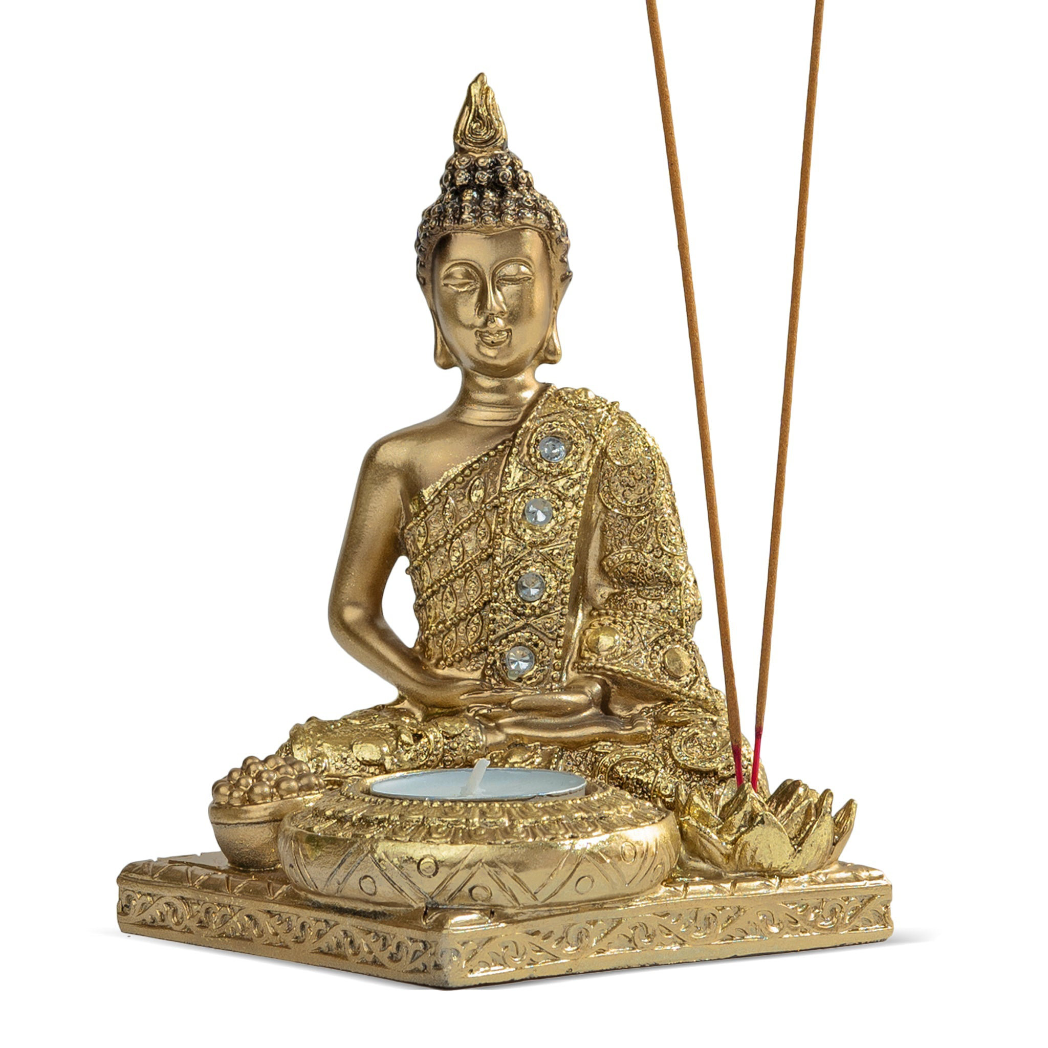 Bungalow Rose Golden Buddha Statue & Tealight Candle Holder - Zen Yoga  Decor, Spiritual Meditation Gift, Large Incense Burner Kit With Stick  Holder