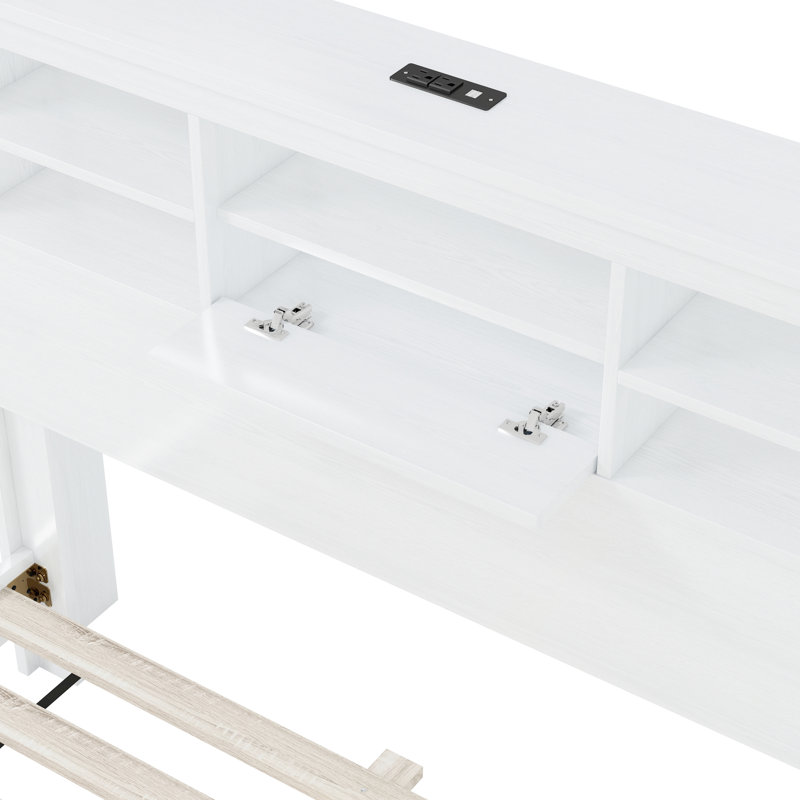 Grand lit rétro avec compartiments de rangement pour tête de lit et plateforme de chargement de style blanc, Blanc