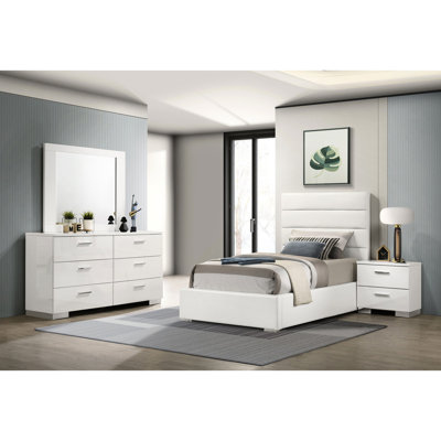 Moderne 4 chambres avec lit simple en similicuir blanc avec tête de lit à canal, rangement en bois d'ingénierie ultrabrillant, lit plateforme contemporain à tiroirs spacieux, commode, table de chevet et miroir