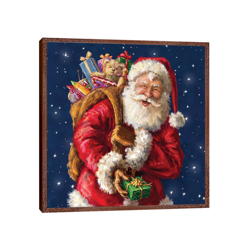 Santa Winking With Sack by Marcello Corti - Print on Canvas, Classic Brown Wood Framed, 45.72 cm H x 45.72 cm W