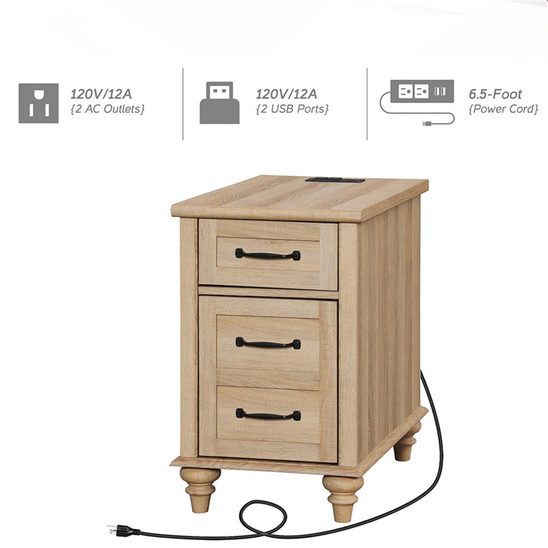 Table de chevet moderne avec station de charge et tablette ouverte, Chêne