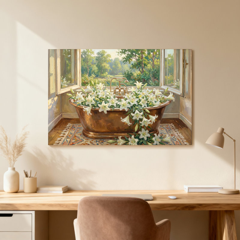 Baignoire, fleurs, fenêtre, jardin, lumière, scène paisible, nature, Toile tendue, Ne s’applique pas, H 24 po x l 36 po