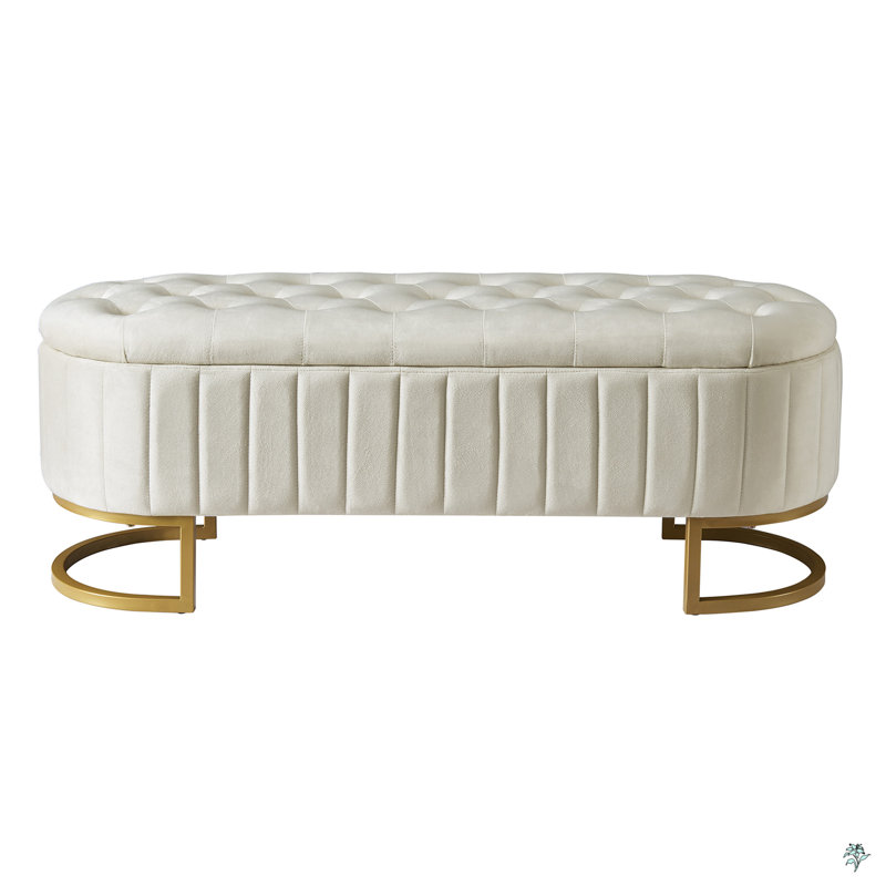 Upholstered Velvet Storage Ottoman With Button-Tufted,Storage Bench With Metal Legs, Beige