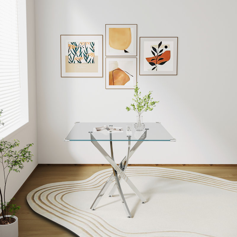 Glass Top Metal Base Dining Table, Silver