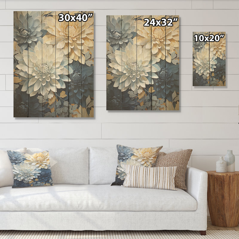«Mums White and Blue Elegance» - Art sur bois de pin naturel, H 32 po x l 24 po