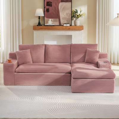 94.5" Corduroy Upholstered Modular Sofa, Compression Foam Bonless Sofa & Chaise with Cupholder and Side Pocket