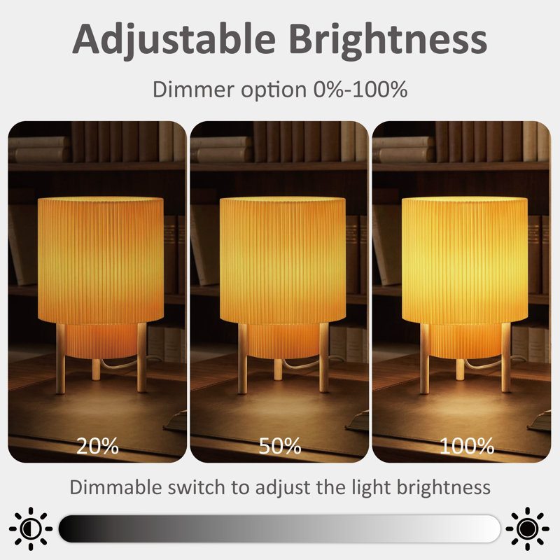 10'' Dimmable 2-tier Yellow Pleated Fabric Shade Table Lamp with Natural Rubber Wood Base and E12 Lamp Holder, cULus Certified for Bedroom Nightstands, Living Room Side Tables, Home Offices or Entryways