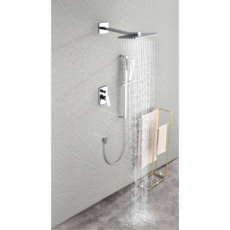 Brass Made Shower System With Plating - Head, Hand Shower, Slide Bar, Arm, Hose, Valve Trim Setup Kit In Design And Control