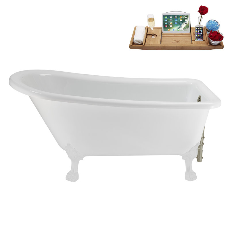 58" Streamlin Clawfoot Tub,Tray,Drain, Clawfeet, Glossy White, Brushed Nickel