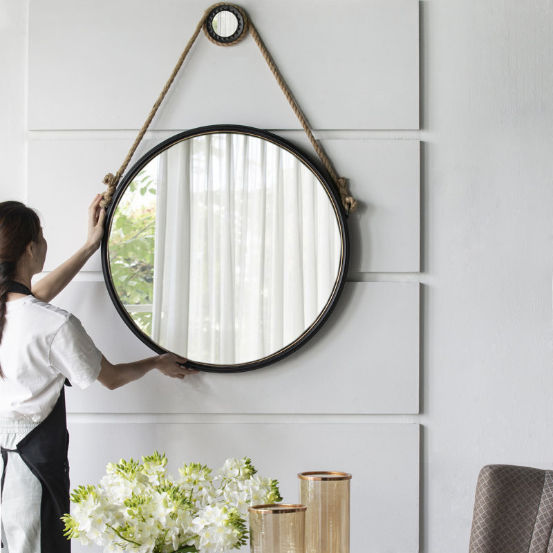 Hanging Round Mirror with Black Framed and with Rope Strap