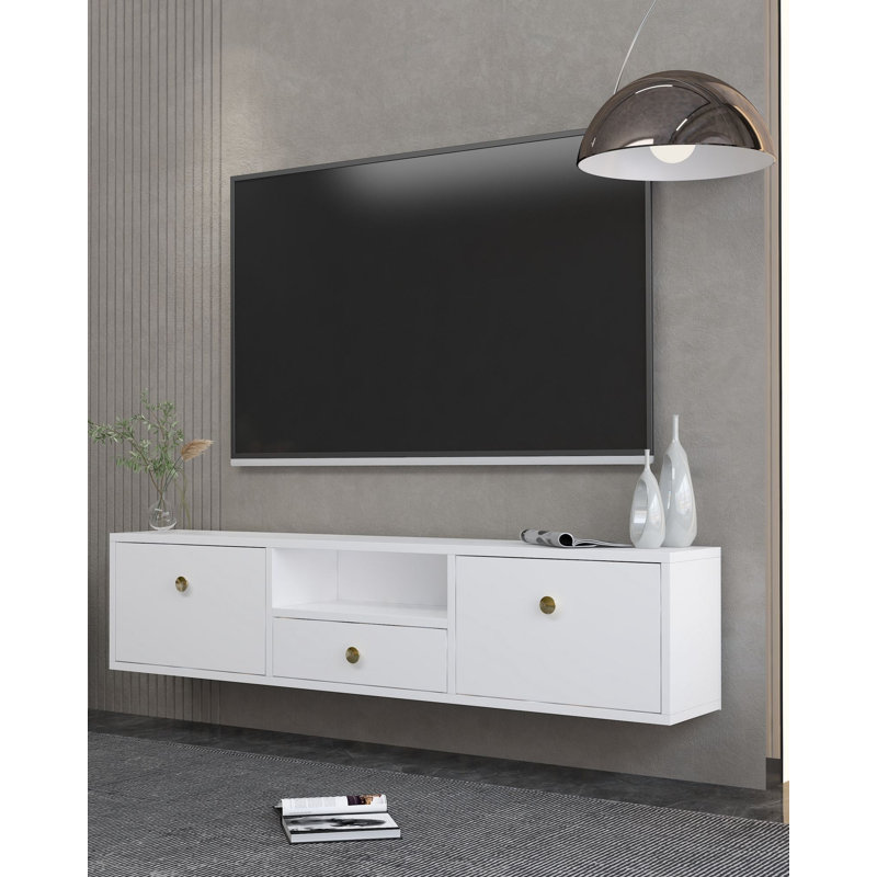 Meuble télé moderne avec possibilité de fixation murale, blanc et or, 55,1 po x 11,8 po x 11,8 po | 100% panneau de particules enduit de mélamine, épaisseur: 0,7 pouce | Conception élégante parfaite pour les salons contemporains et les espaces de divertissement
