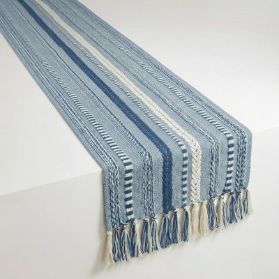 77" Long Farmhouse Braided Stripe Cotton Table Runner with Macrame Fringe