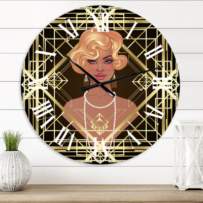 Retro Women In Golden Art Deco Geometrics III - Modern Wall Clock