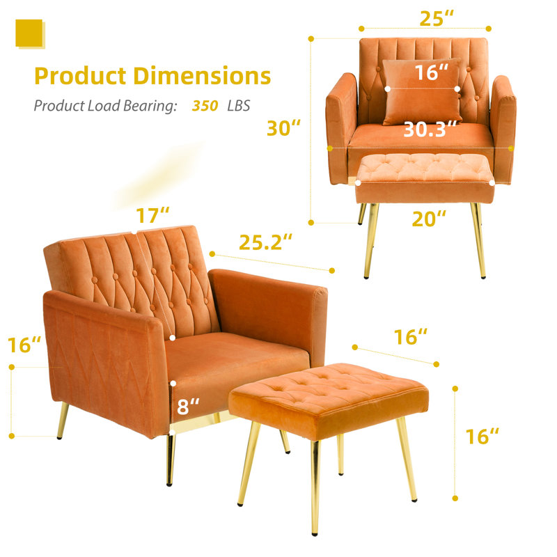 Siemon Velvet Accent Chair with Ottoman, Orange Velvet