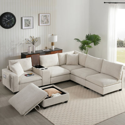 Canapé modulaire en U à 6 places en velours côtelé 140,00 × 64,50 × 35,00 po, console avec porte-gobelet et charge USB, poches de rangement et repose-pieds de rangement mobile pour le salon beige
