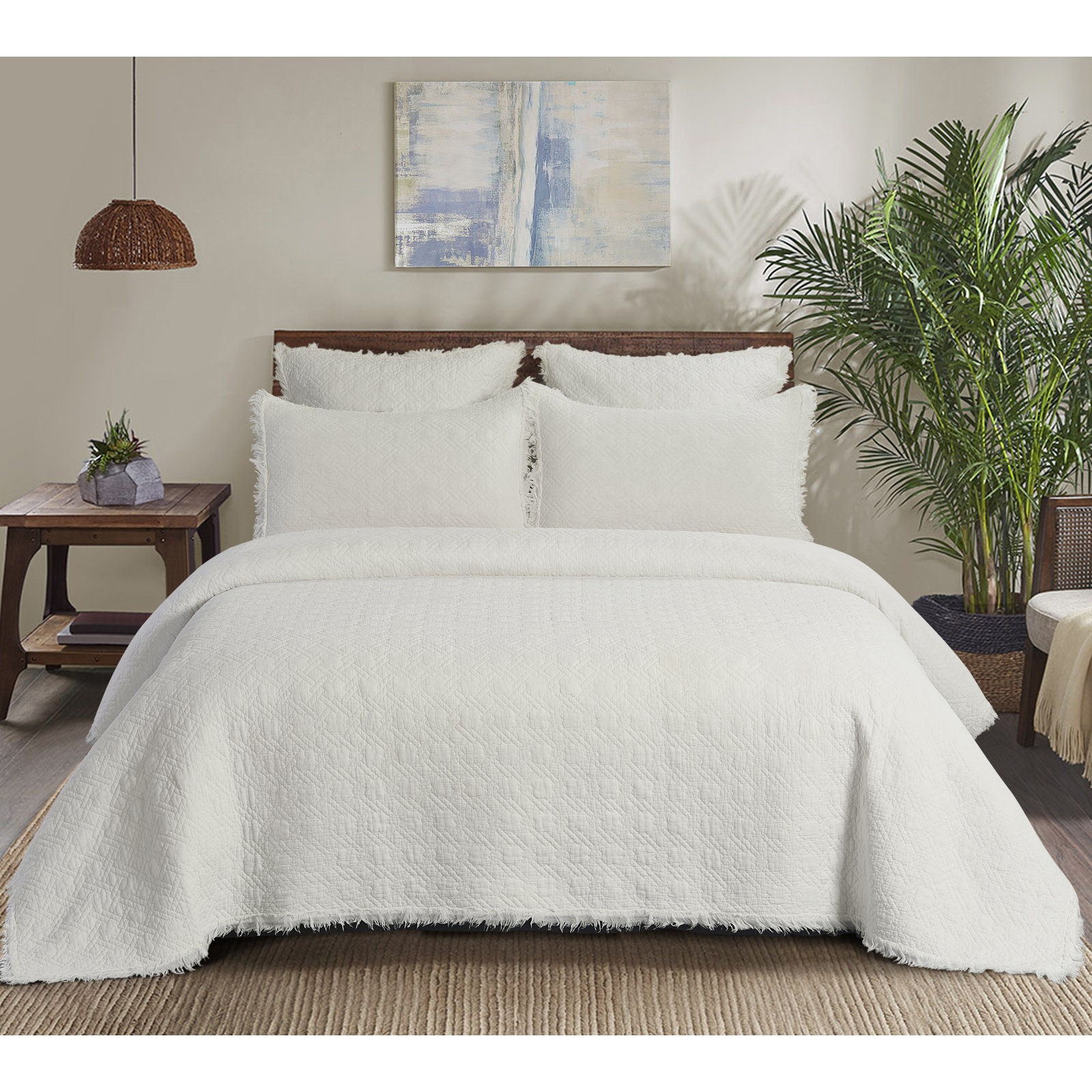 Marcine Standard Cotton Quilt Set, Twin Quilt + 1 Shams, White