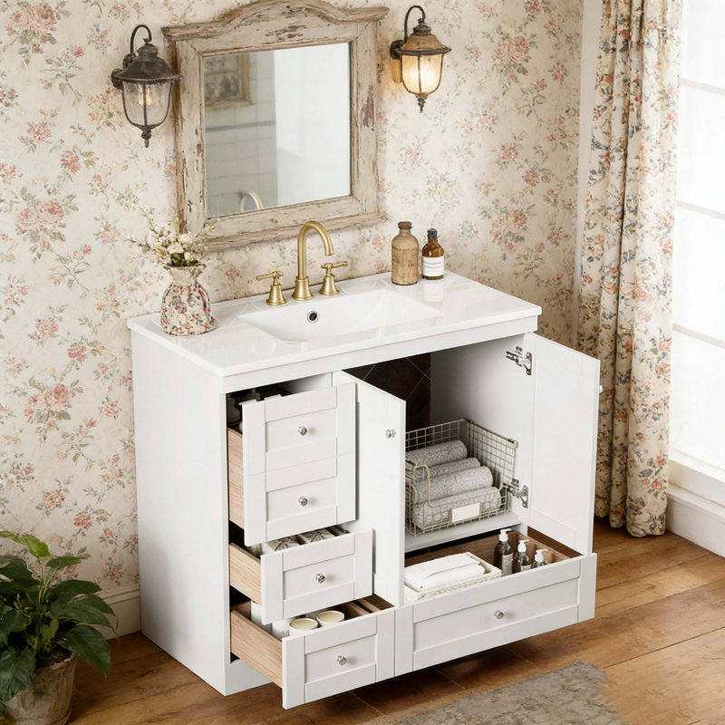 Meuble-lavabo de 36 po de style Shaker avec lavabo en céramique - Armoire en panneau de fibres à densité moyenne blanc avec 2 portes à fermeture douce, 4 tiroirs à fermeture douce, meuble-lavabo autoportant moderne