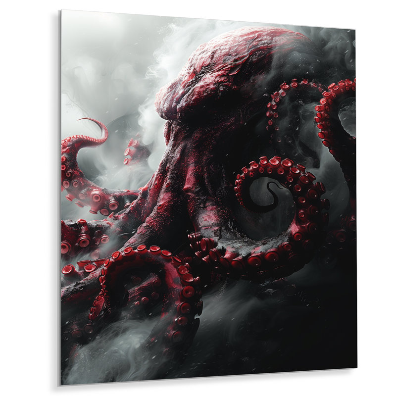  «Red Grey Kraken Mythical Creature I - Mythical Creatures, art mural, Sans cadre, métal, H 16 po x l 32 po