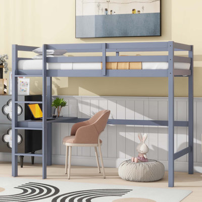 High Loft Bed,Rubber Wood  Loft Bed with Safety Guardrail,Built-in Desk,Ladder