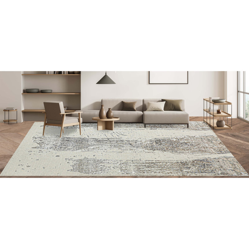 Tapis rectangulaire noué à la main gris clair / ivoire, Rectangle 8 pi x 10 pi