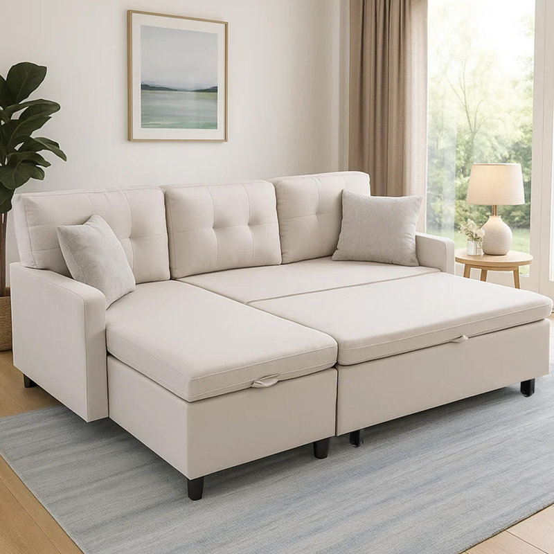L-Shape 81" Wide Space-Saving Sleeper Sofa Upholstered Pull-Out Sofa Bed, Beige
