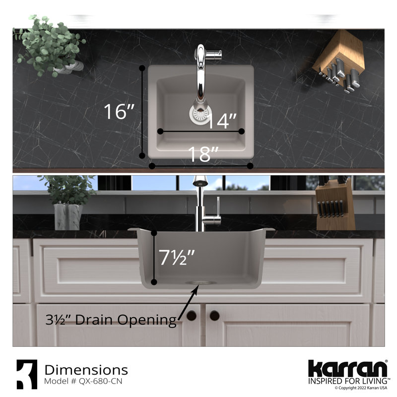 Évier de cuisine à simple cuve encastrable ou encastrable en composite 18 po x 16 po Karran Quartz, Béton