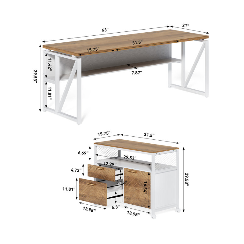 Modern 63" Executive Computer Desk and 31"Lateral File Cabinet, Professional  Home Office Furniture, Begin/White