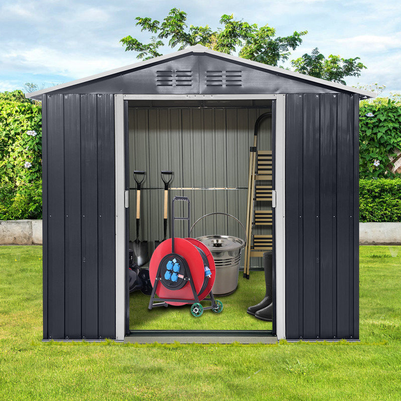 Remise de rangement extérieure en métal gris charbon, organisateur de jardin utilitaire avec fenêtre pour cour et patio