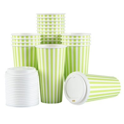 Restaurantware-20 Ounce Disposable Coffee Cups With Lids, 20 Hot Cups With Lids - Sleeves Sold Separately, Single Wall, Green And White Stripe Paper Coffee Cup, For All Kinds Of Beverages