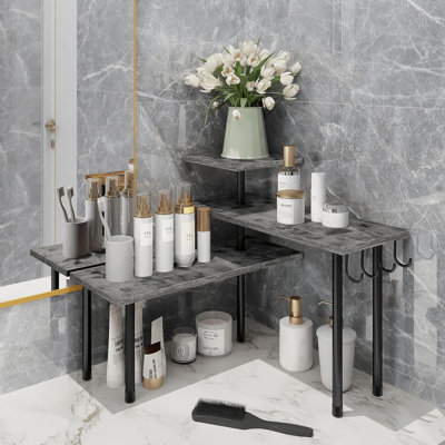 Kitchen Countertop Organizer, 3 Tier Corner Shelf Bathroom Counter Organizer, Wooden Counter Shelf Stand Space Saver, Easy Assembly, Rustic Grey