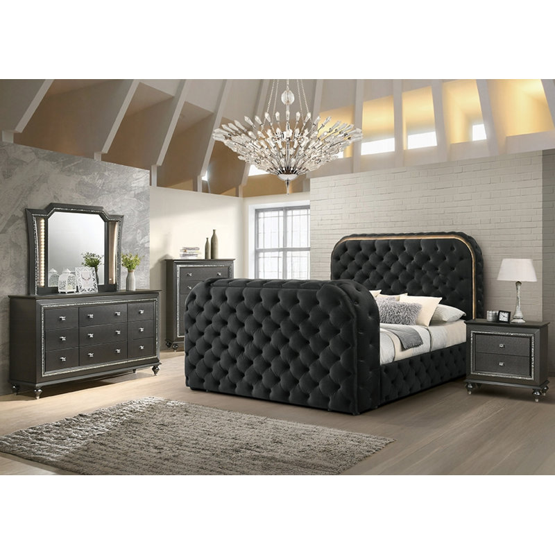 Ensemble de chambre à coucher 5 pièces Kana, Gris / Noir, Queen